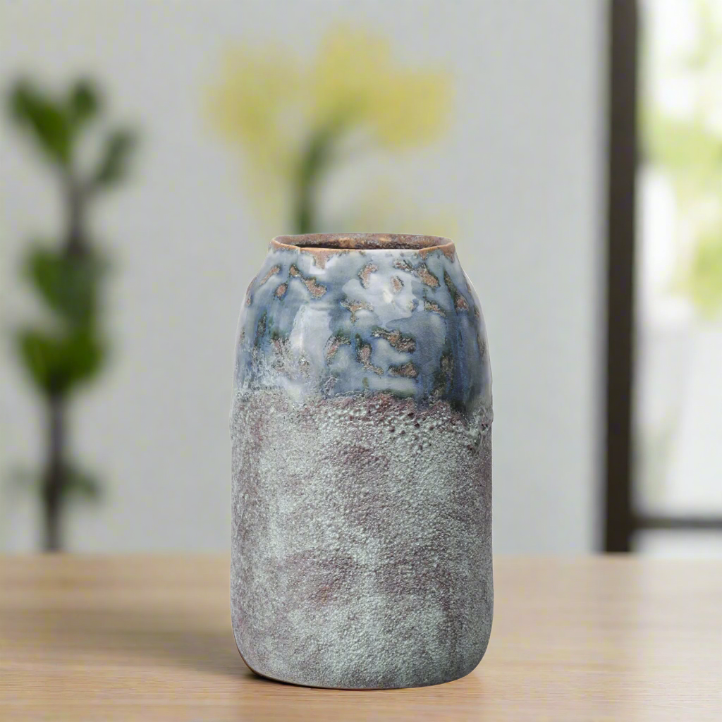 Arya Ceramic Round Vase with Irregular Lip and Marbleized Top Design