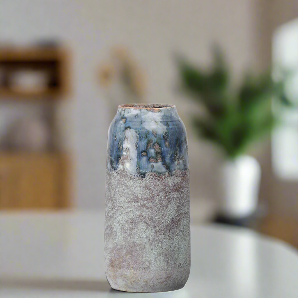 Arya Ceramic Round Vase with Irregular Lip and Marbleized Top Design