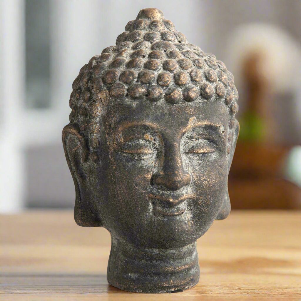 Coral Cement Buddha Head Figurine with Round Ushnisha Head