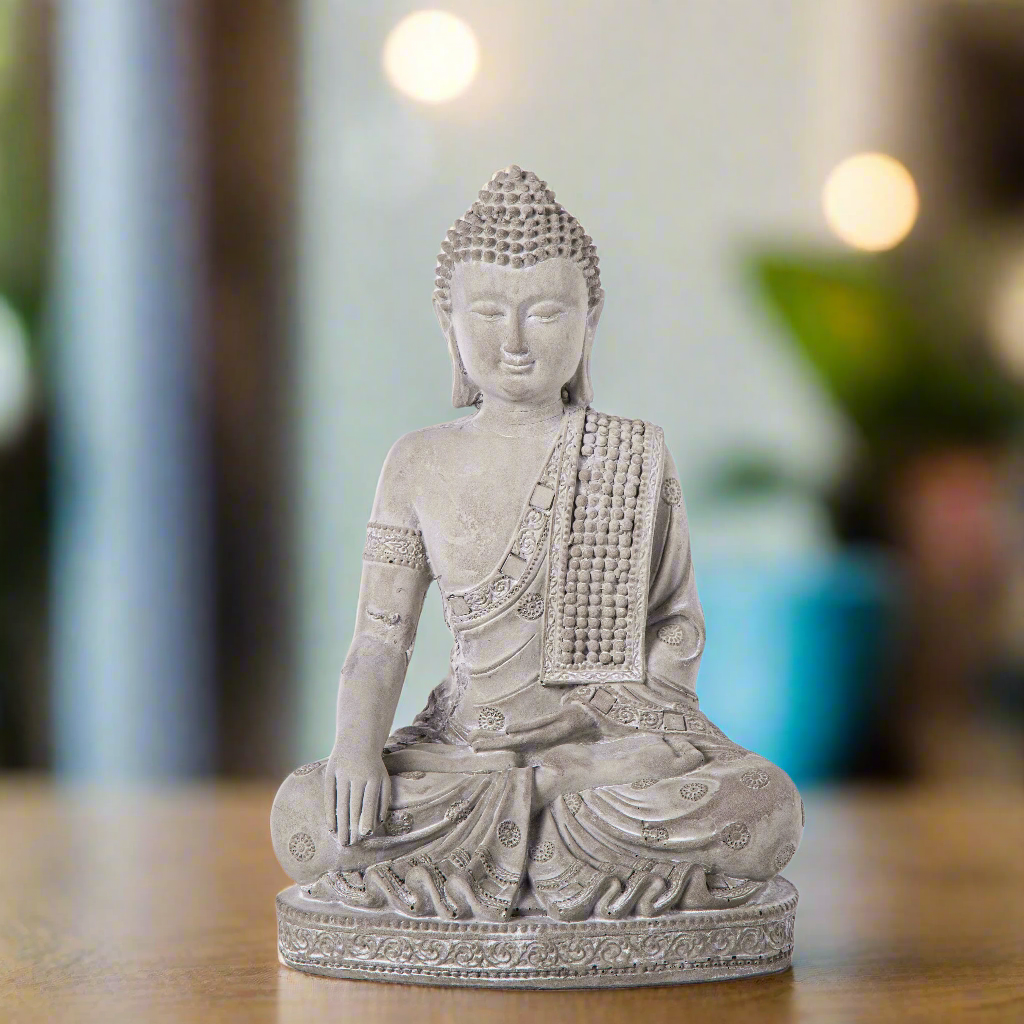 Deirdre Cement Meditating Buddha Figurine in Bhumisparsha Mudra with Shoulder Sash on Base