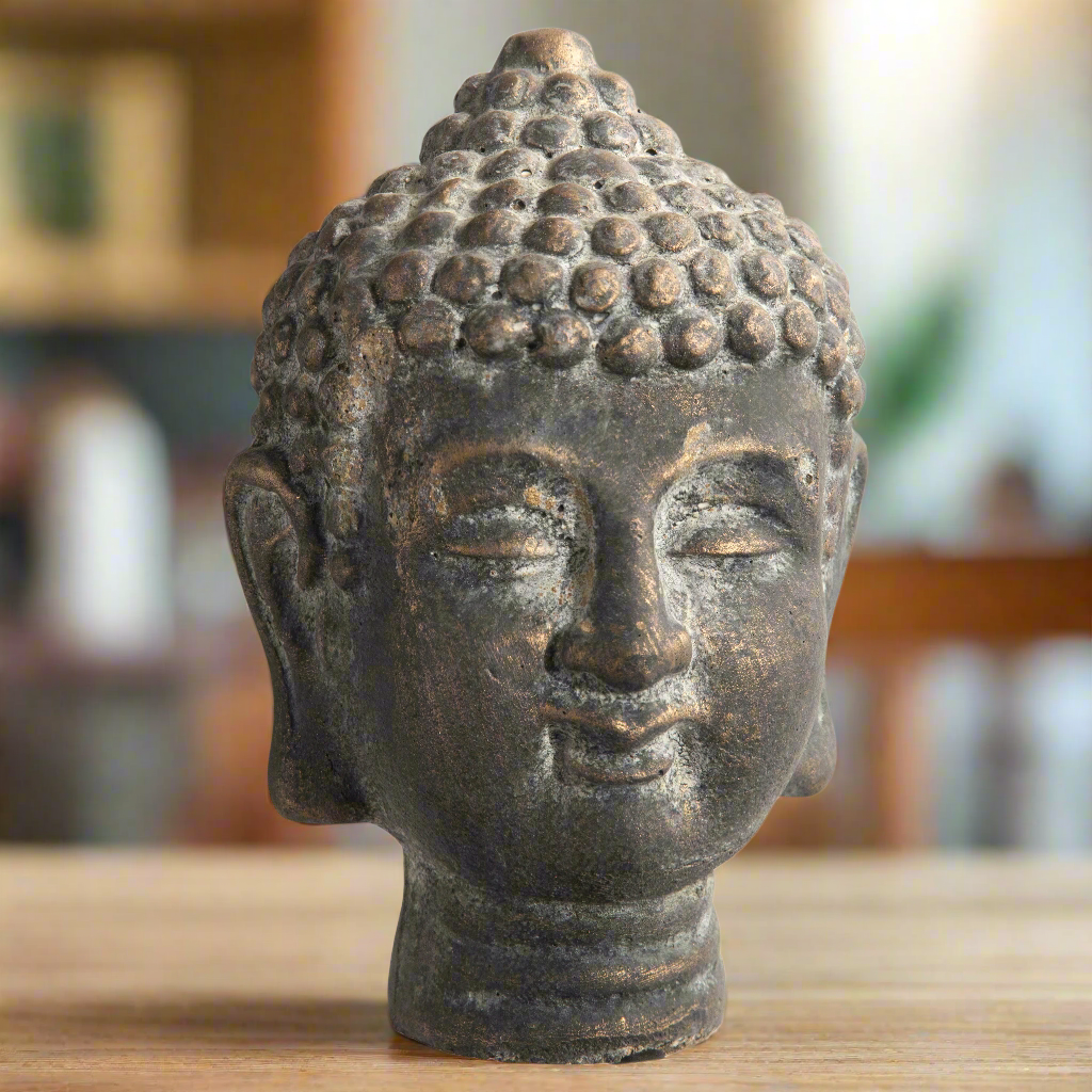 Coral Cement Buddha Head Figurine with Round Ushnisha Head