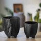 Kavrine Ceramic Round Pot with Embossed Chevron Stripe Design and Stand (Set of 2)