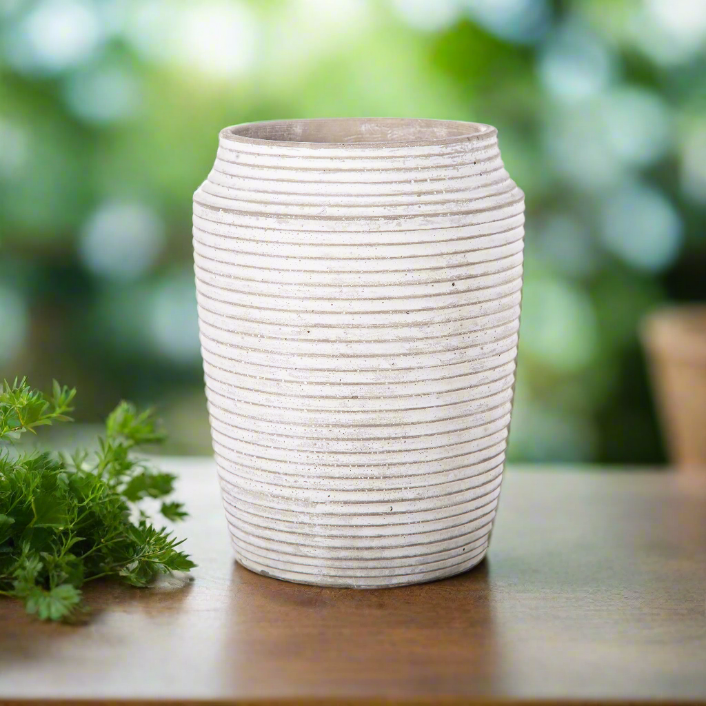 Addie Cement Round Pot with Embossed Stripe Pattern Design