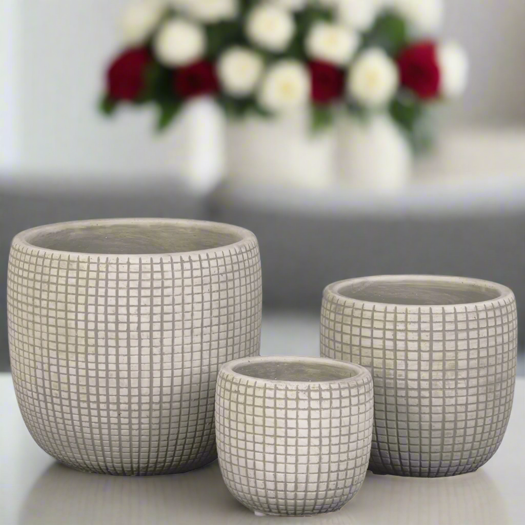Lazare Etched Lattice Cement Pot Set (Set of 3)