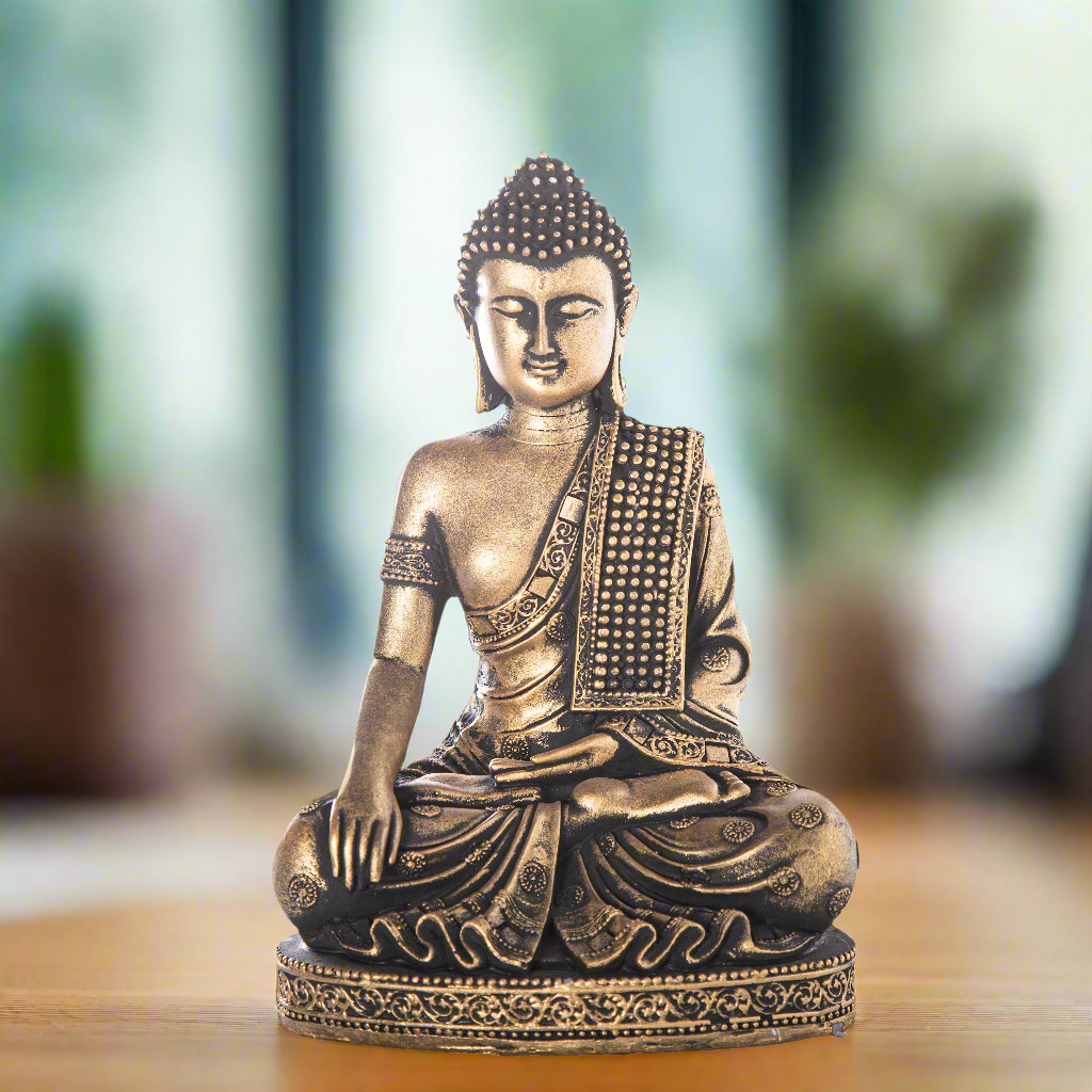 Deirdre Cement Meditating Buddha Figurine in Bhumisparsha Mudra with Shoulder Sash on Base
