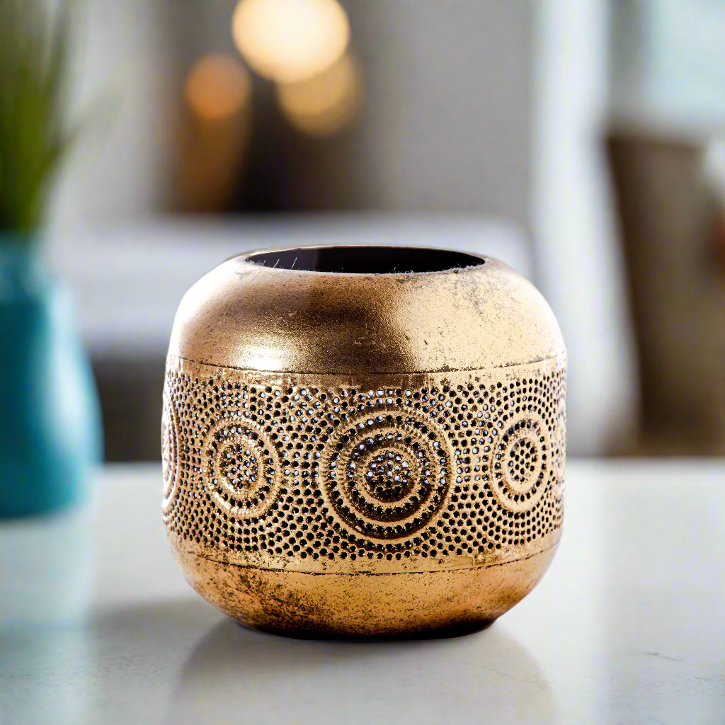 Olea Metal Round Candle Holder with Banded Pinhole Pattern