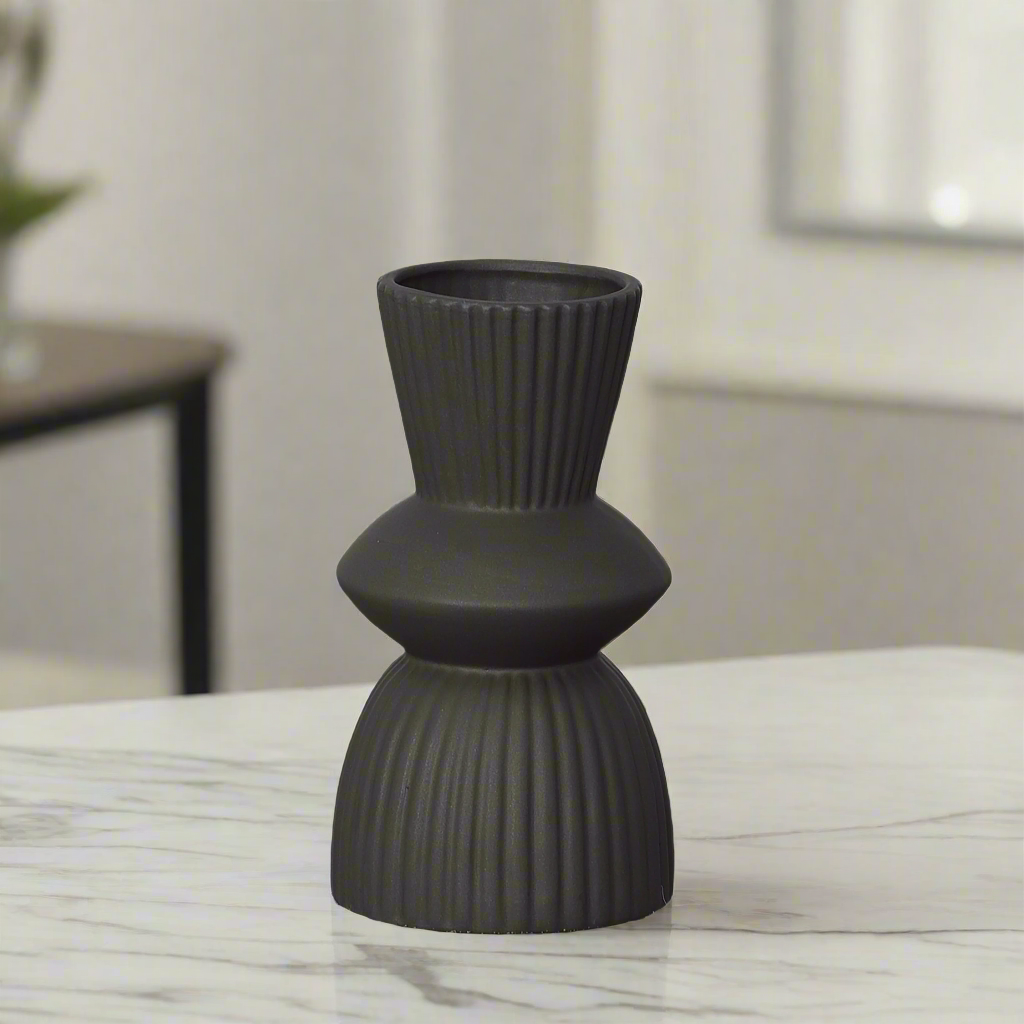 Veridia Ceramic Round Vase with Trumpet Mouth and Debossed Line Column Design