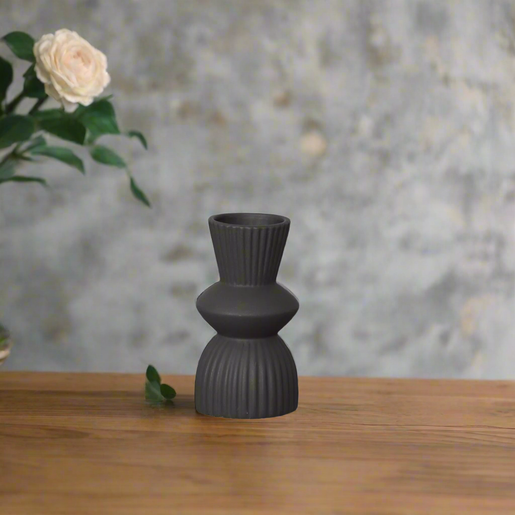 Veridia Ceramic Round Vase with Trumpet Mouth and Debossed Line Column Design