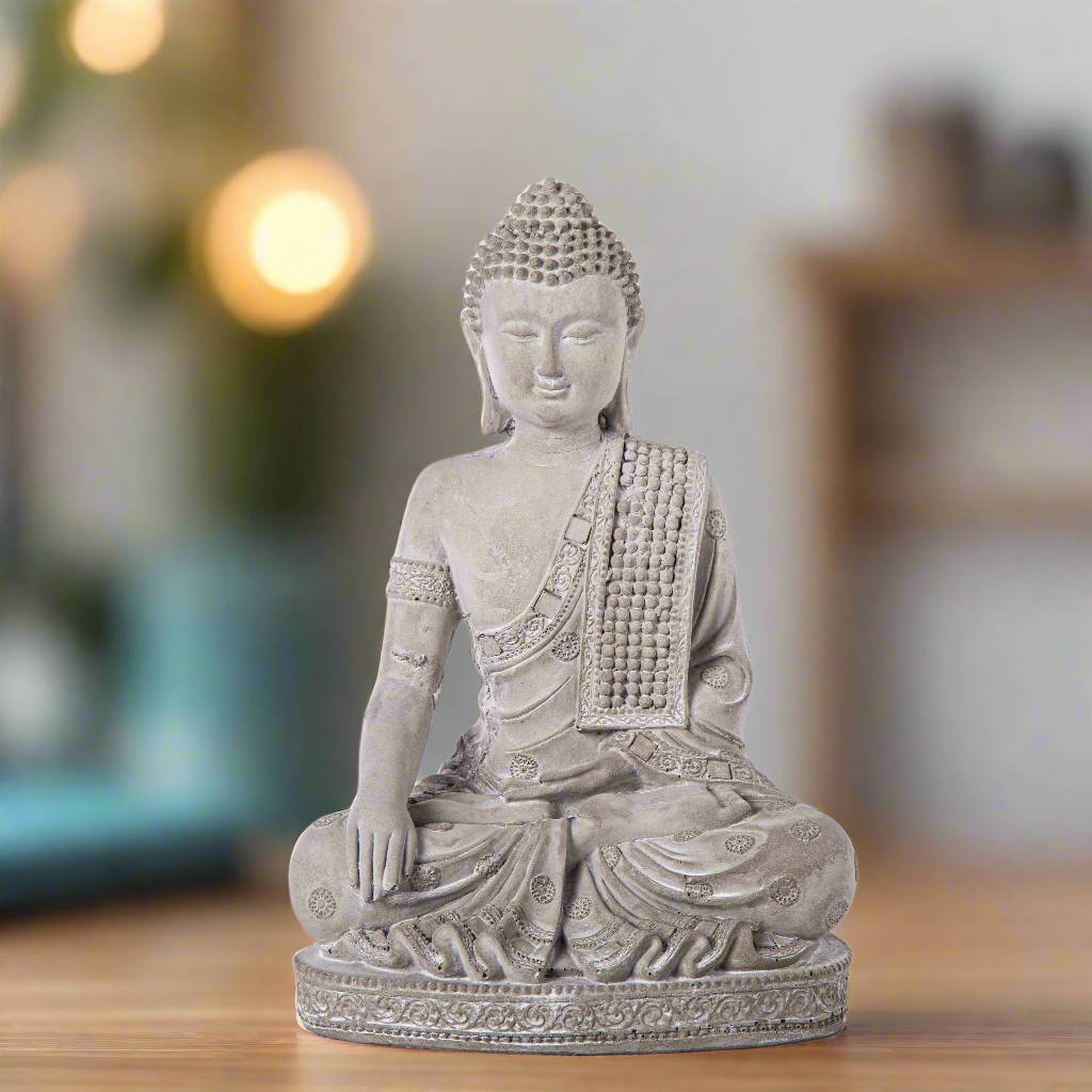 Deirdre Cement Meditating Buddha Figurine in Bhumisparsha Mudra with Shoulder Sash on Base