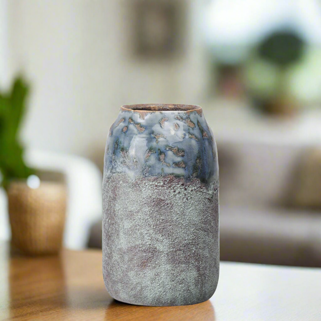 Arya Ceramic Round Vase with Irregular Lip and Marbleized Top Design