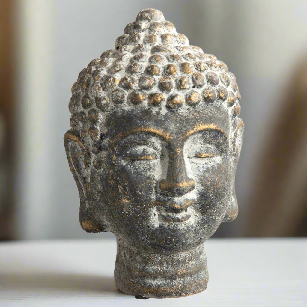 Coral Cement Buddha Head Figurine with Round Ushnisha Head