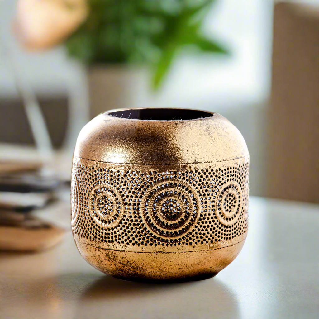 Olea Metal Round Candle Holder with Banded Pinhole Pattern