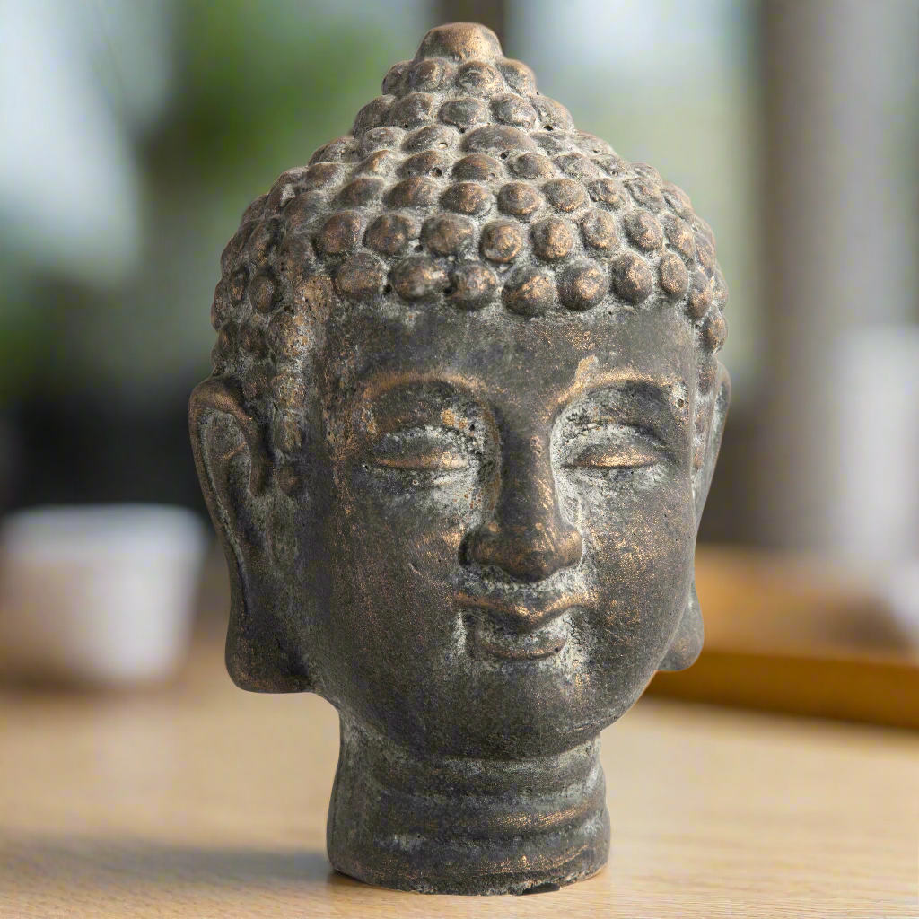 Coral Cement Buddha Head Figurine with Round Ushnisha Head