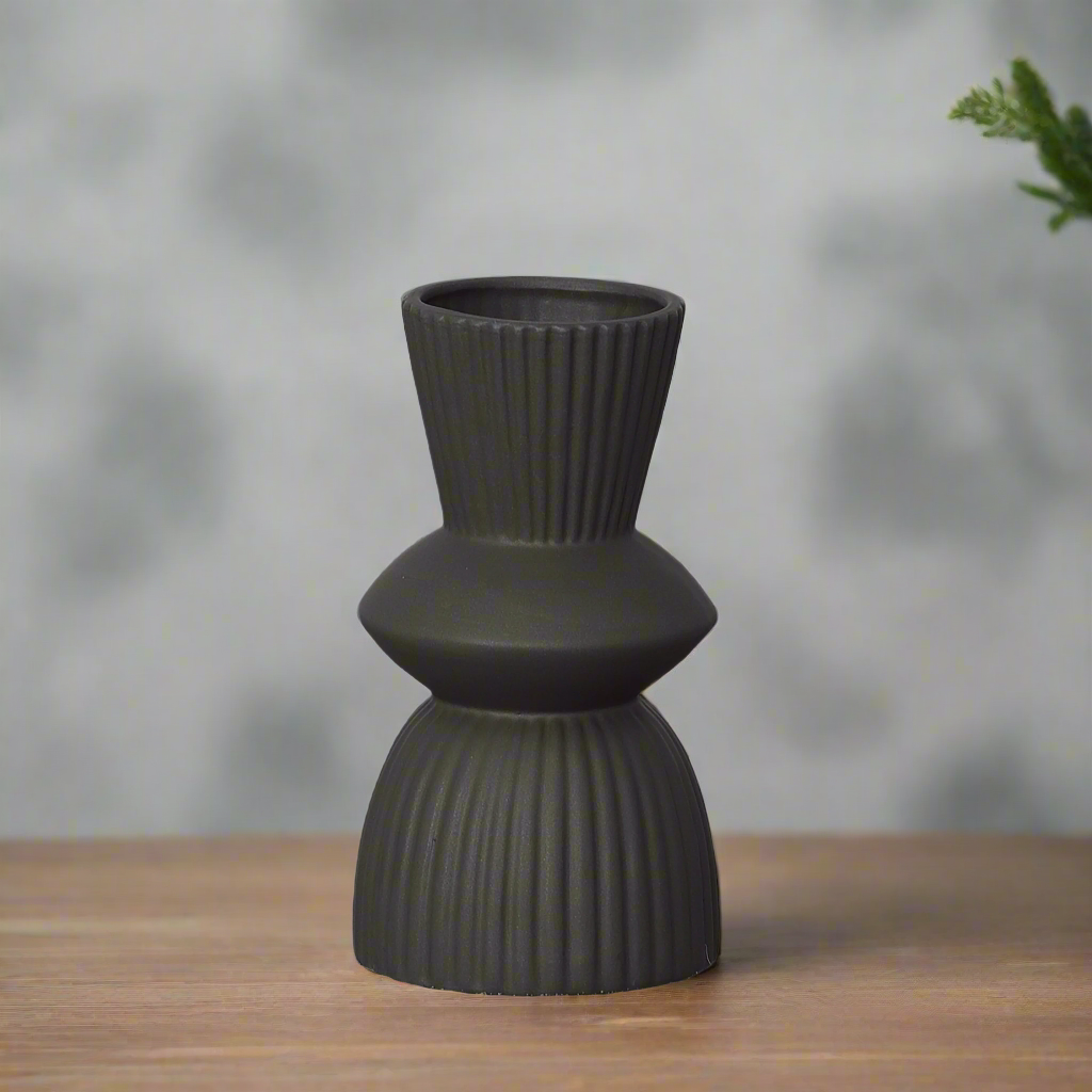 Veridia Ceramic Round Vase with Trumpet Mouth and Debossed Line Column Design