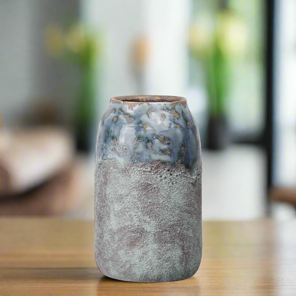 Arya Ceramic Round Vase with Irregular Lip and Marbleized Top Design
