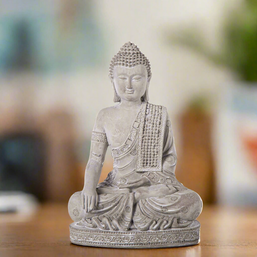 Deirdre Cement Meditating Buddha Figurine in Bhumisparsha Mudra with Shoulder Sash on Base