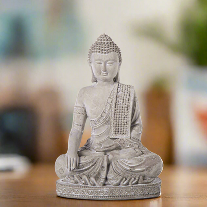 Deirdre Cement Meditating Buddha Figurine in Bhumisparsha Mudra with Shoulder Sash on Base