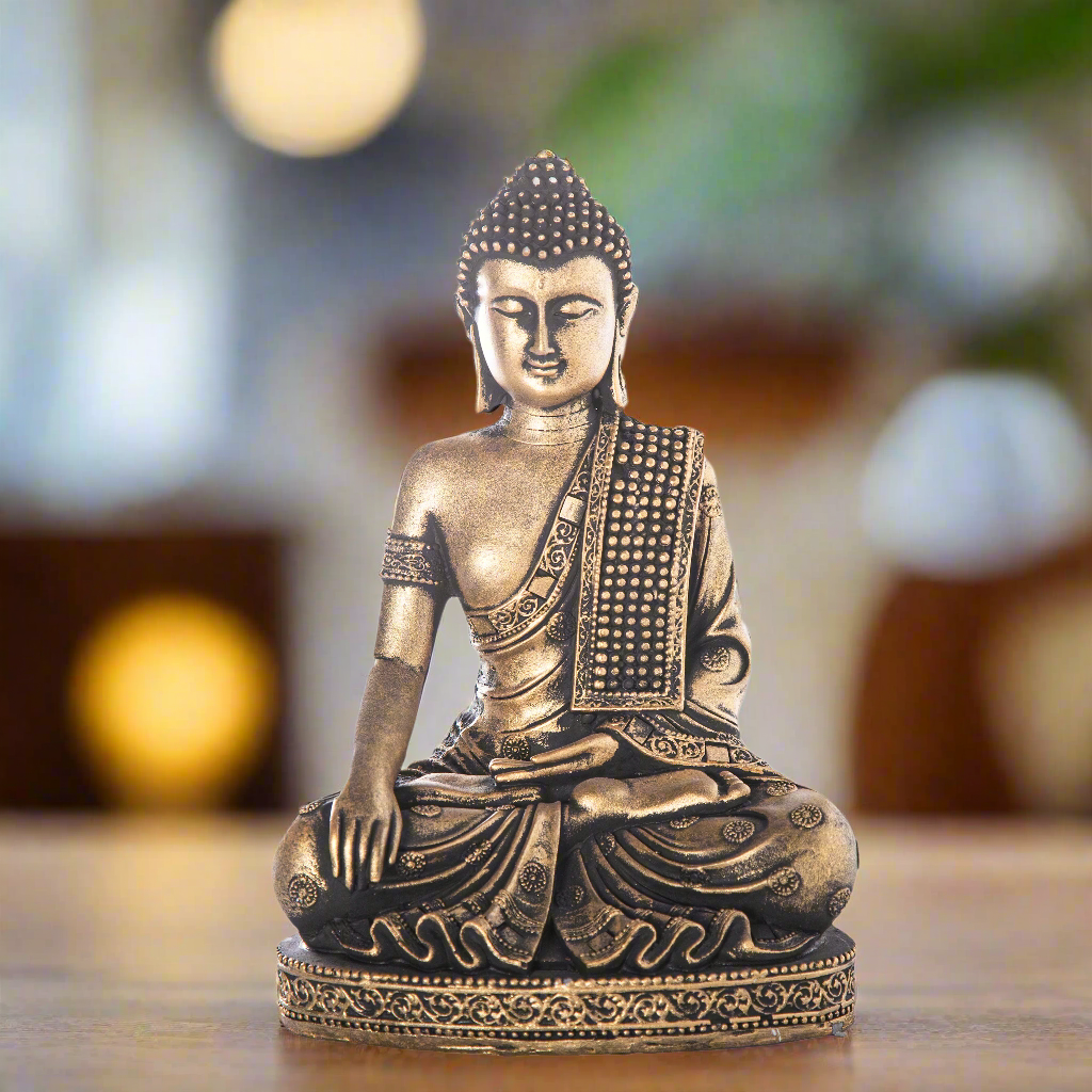 Deirdre Cement Meditating Buddha Figurine in Bhumisparsha Mudra with Shoulder Sash on Base