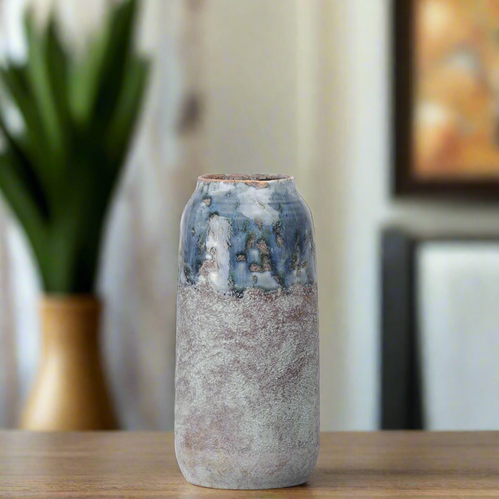 Arya Ceramic Round Vase with Irregular Lip and Marbleized Top Design
