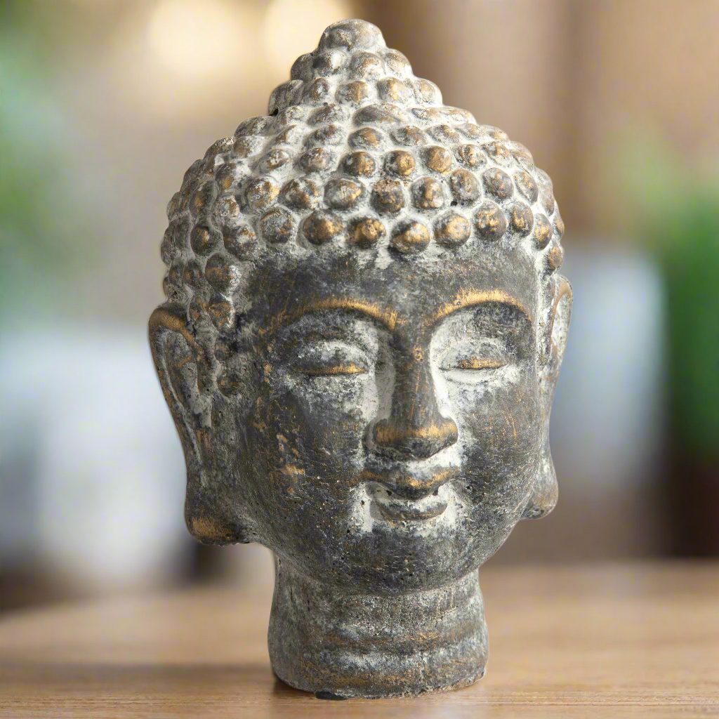 Coral Cement Buddha Head Figurine with Round Ushnisha Head