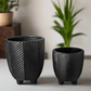 Kavrine Ceramic Round Pot with Embossed Chevron Stripe Design and Stand (Set of 2)