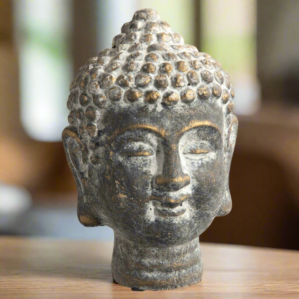 Coral Cement Buddha Head Figurine with Round Ushnisha Head