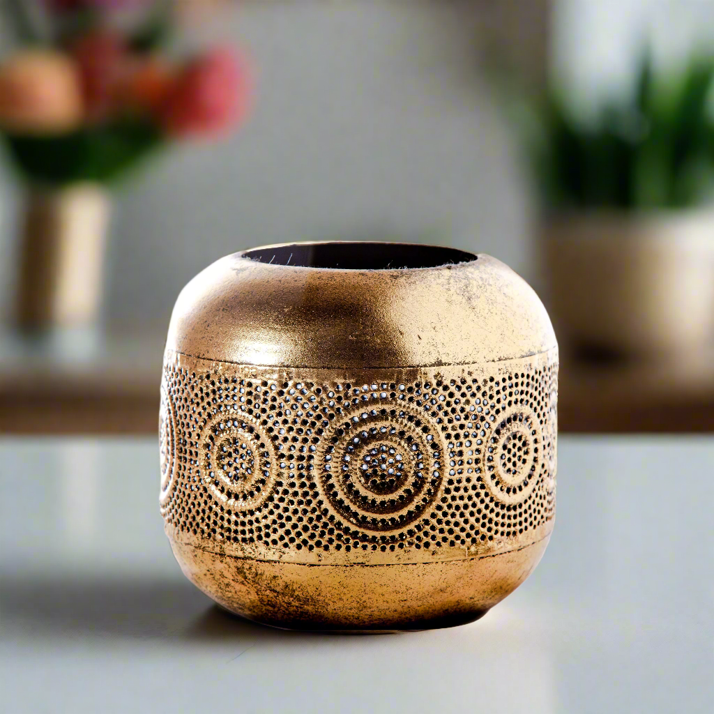 Olea Metal Round Candle Holder with Banded Pinhole Pattern