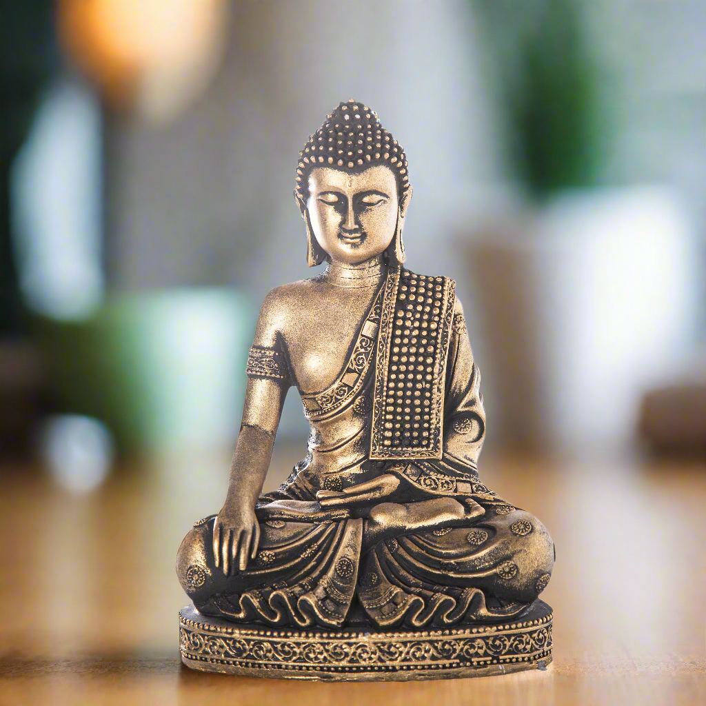 Deirdre Cement Meditating Buddha Figurine in Bhumisparsha Mudra with Shoulder Sash on Base