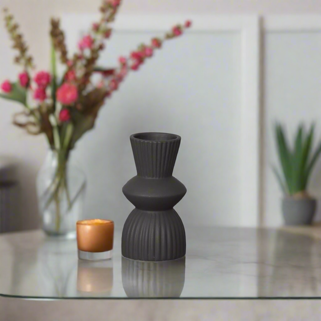 Veridia Ceramic Round Vase with Trumpet Mouth and Debossed Line Column Design