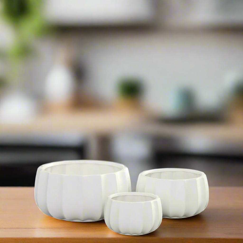 Misty Ceramic Round Bowl Set with Pressed Column Design (Set of 3)