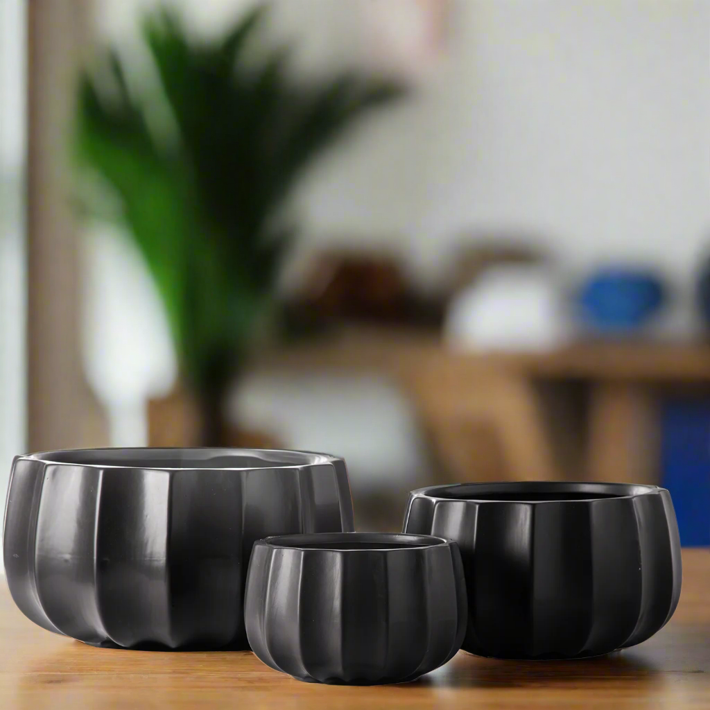 Misty Ceramic Round Bowl Set with Pressed Column Design (Set of 3)