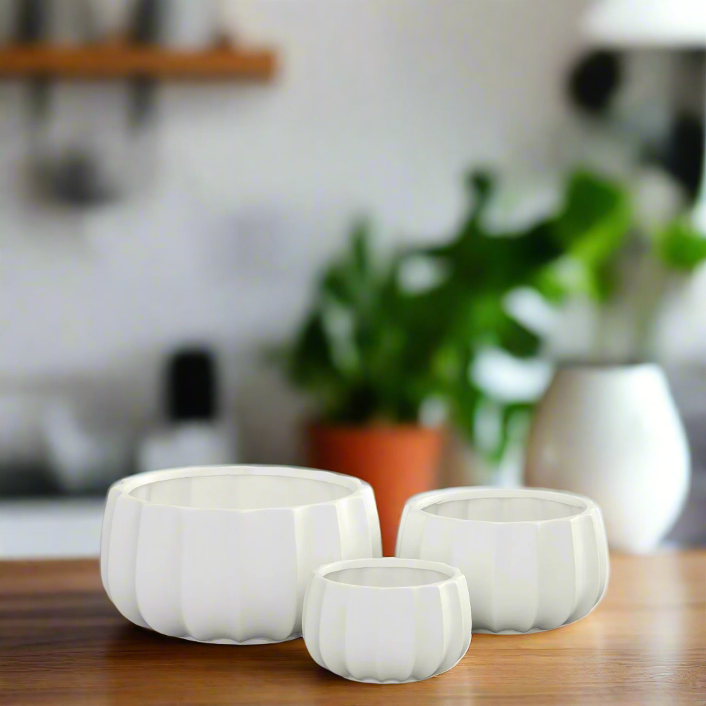 Misty Ceramic Round Bowl Set with Pressed Column Design (Set of 3)