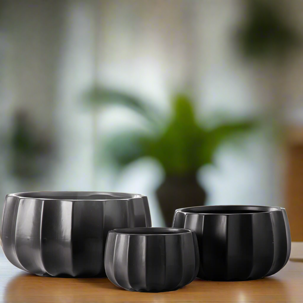 Misty Ceramic Round Bowl Set with Pressed Column Design (Set of 3)