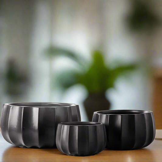 Misty Ceramic Round Bowl Set with Pressed Column Design (Set of 3)