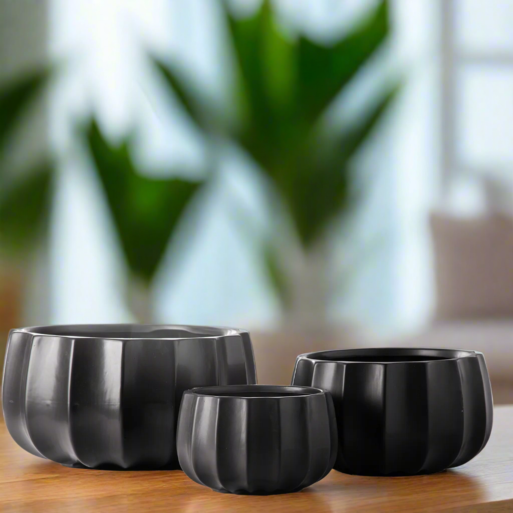 Misty Ceramic Round Bowl Set with Pressed Column Design (Set of 3)