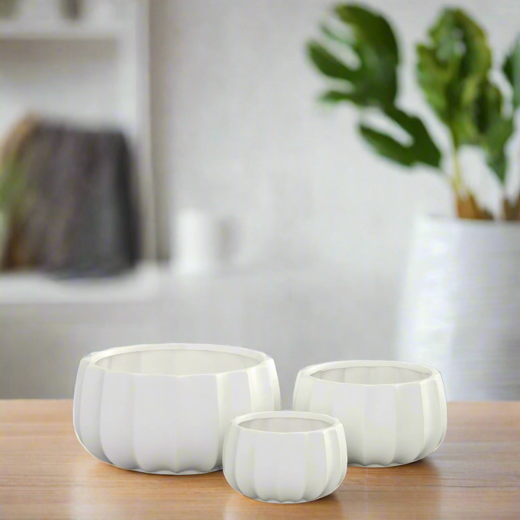 Misty Ceramic Round Bowl Set with Pressed Column Design (Set of 3)