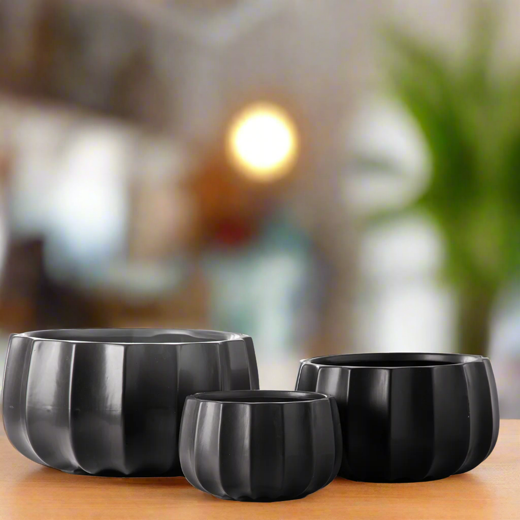 Misty Ceramic Round Bowl Set with Pressed Column Design (Set of 3)