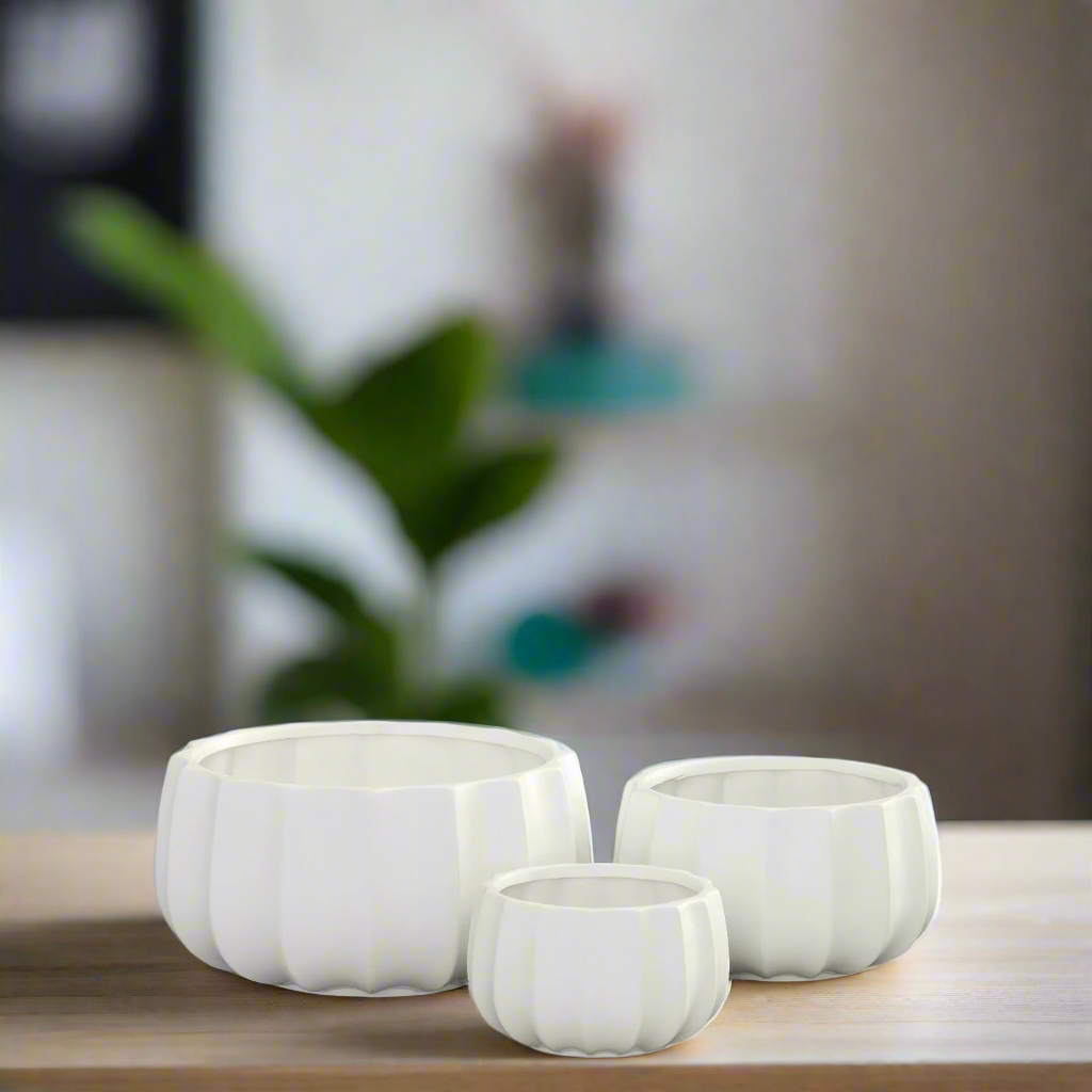 Misty Ceramic Round Bowl Set with Pressed Column Design (Set of 3)