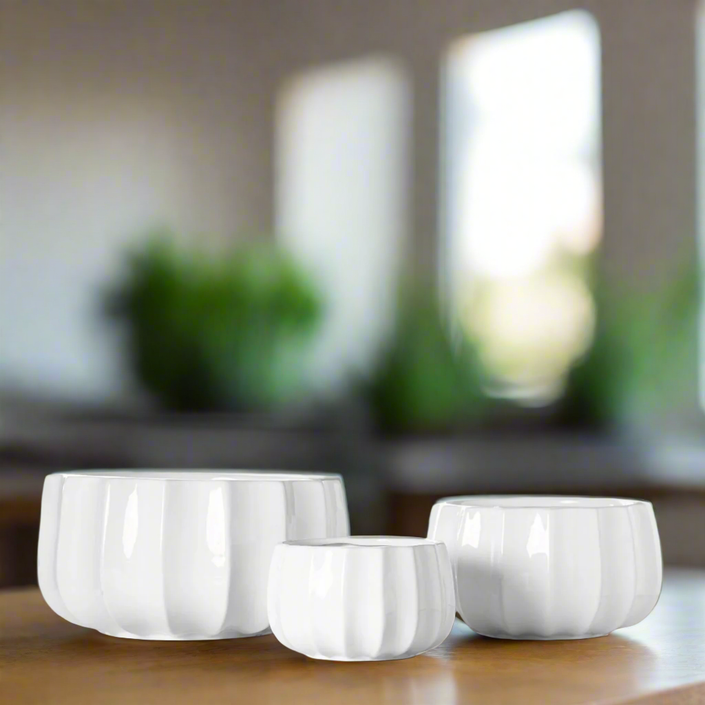 Misty Ceramic Round Bowl Set with Pressed Column Design (Set of 3)