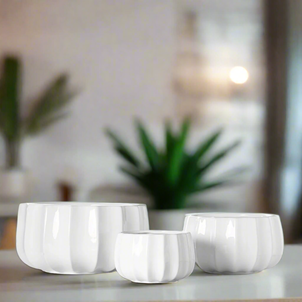 Misty Ceramic Round Bowl Set with Pressed Column Design (Set of 3)