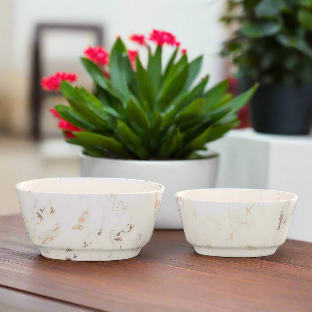 Rosven White Marble Oval Pot Set (Set of 2)